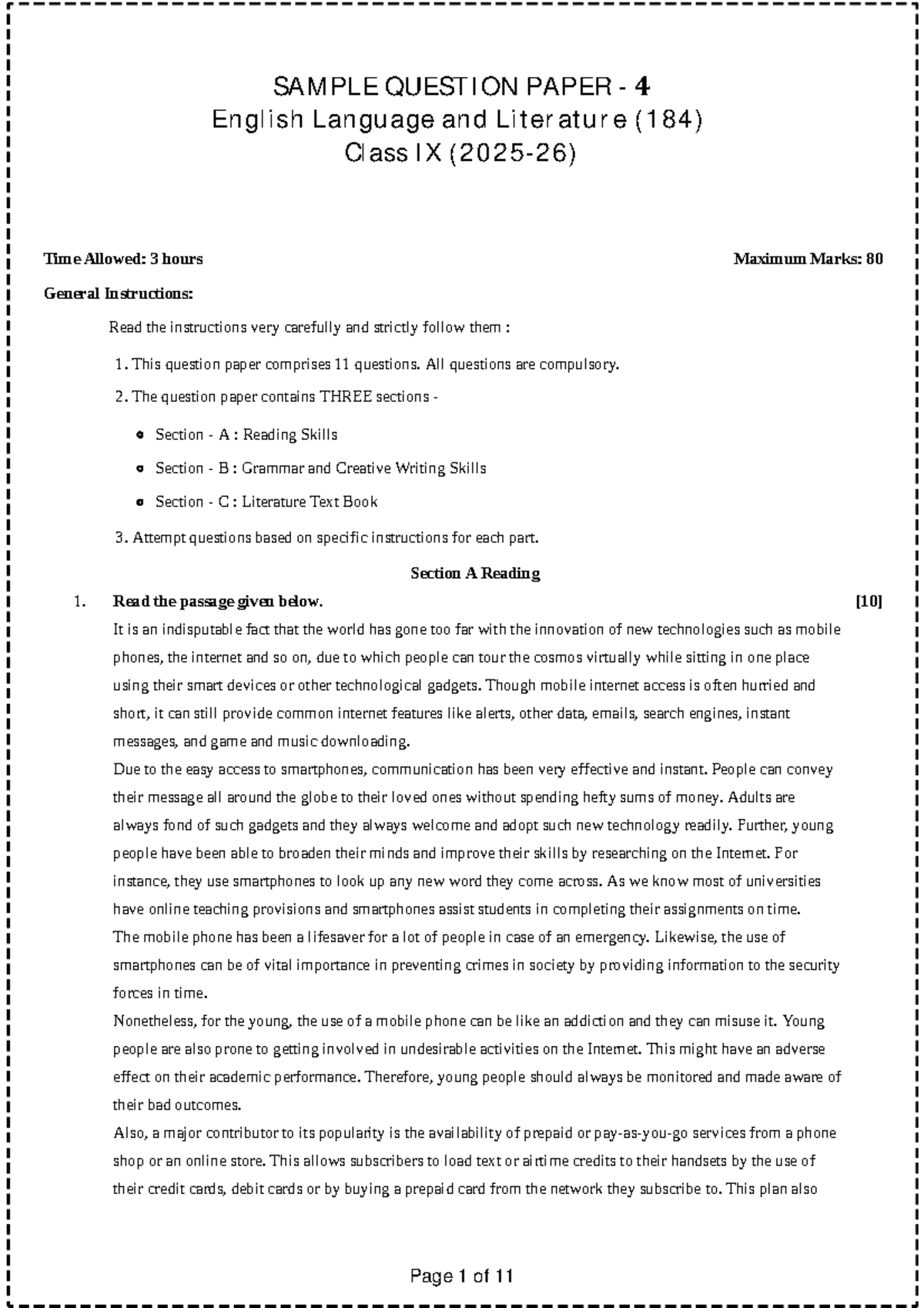 SAMPLE QUESTION PAPER 4 English Language and Literature (184) Class IX ...