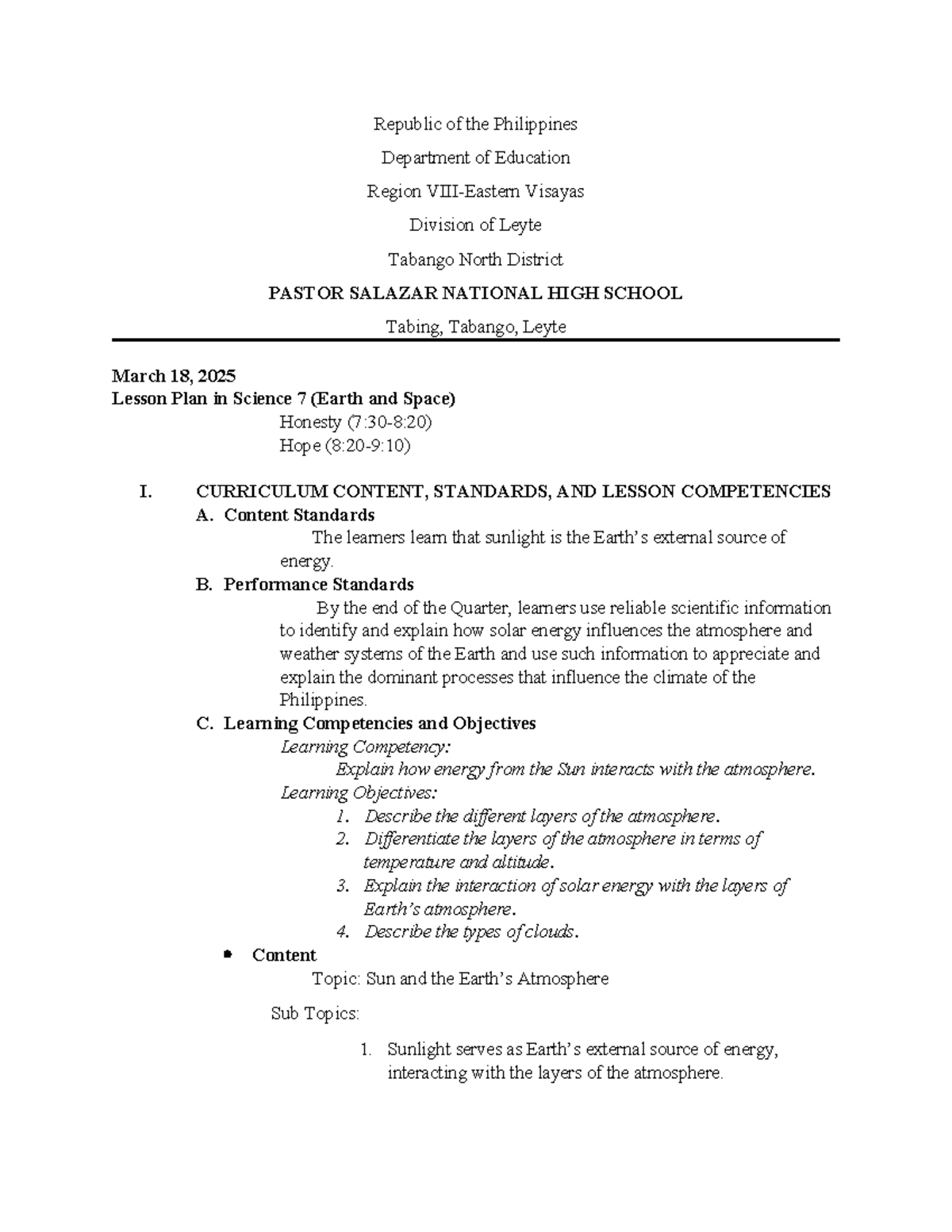 Lesson Plan in Science 7 (Earth and Space): Sun and Atmosphere - Studocu