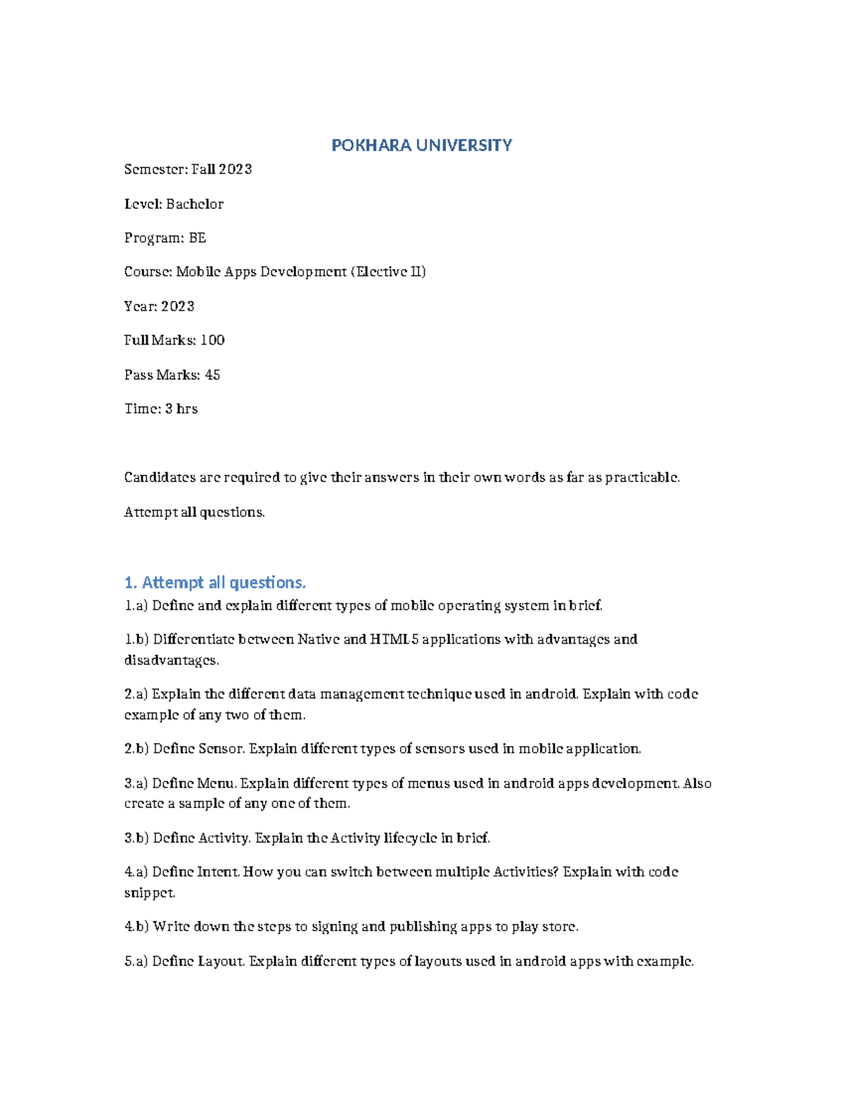 Mobile Apps Development Exam Paper - BE Elective II, Fall 2023 - Studocu
