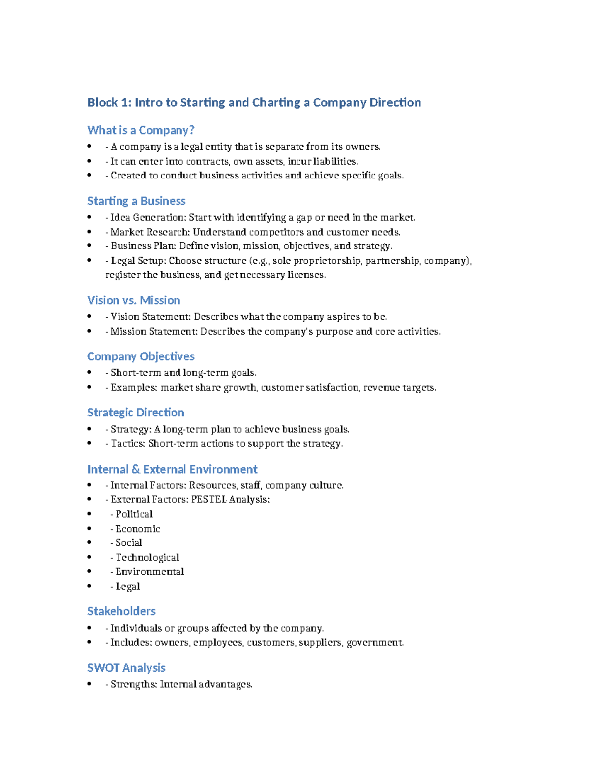 Block 1: Study Notes on Starting and Charting a Company Direction - Studocu