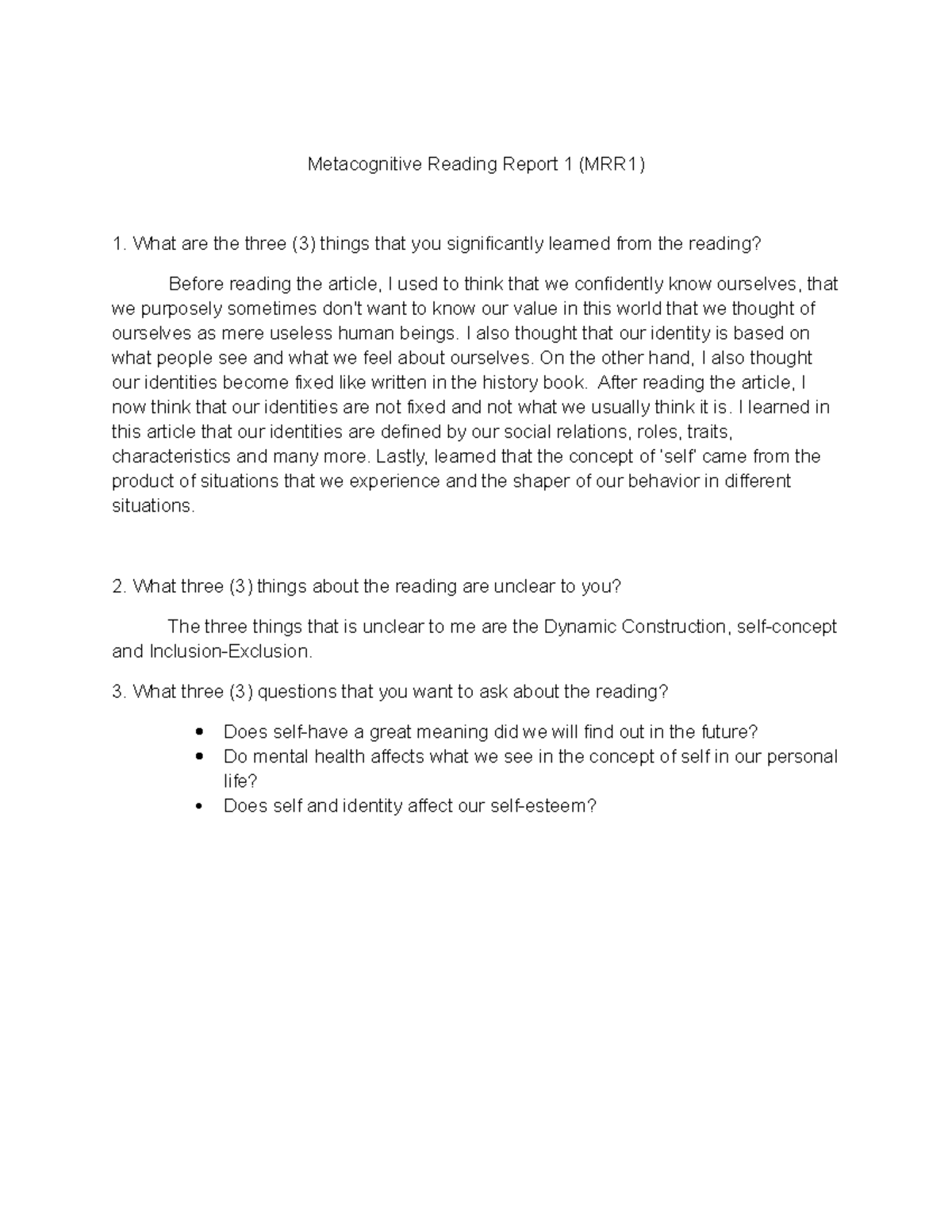 MRR1 - Insights and Questions from Metacognitive Reading Report 1 - Studocu