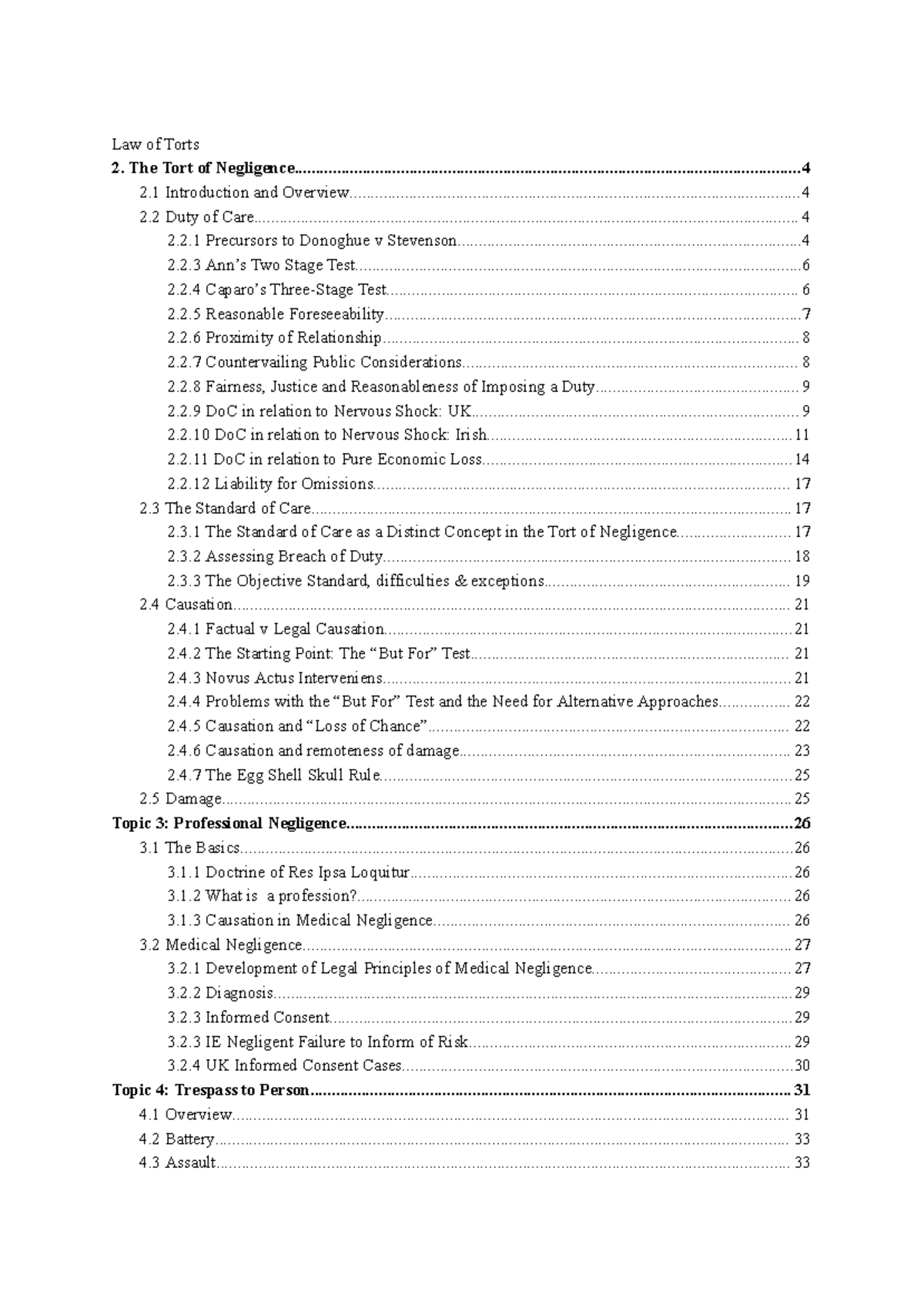 Law of Torts: Comprehensive Notes on Negligence and Liability - Studocu