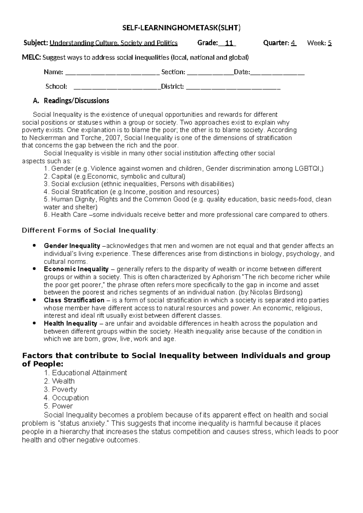 UCSP LHT 5 Week 5 Social Inequality Worksheets for Students - Studocu