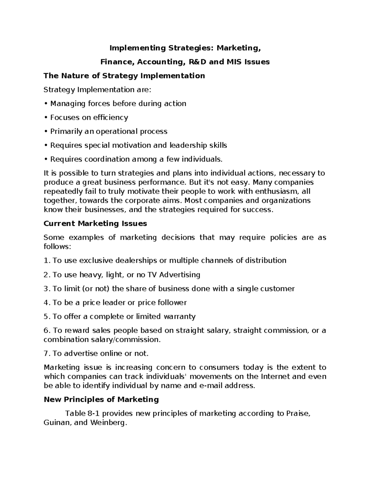 Chapter 12: Implementing Strategies in Marketing, Finance, and MIS ...