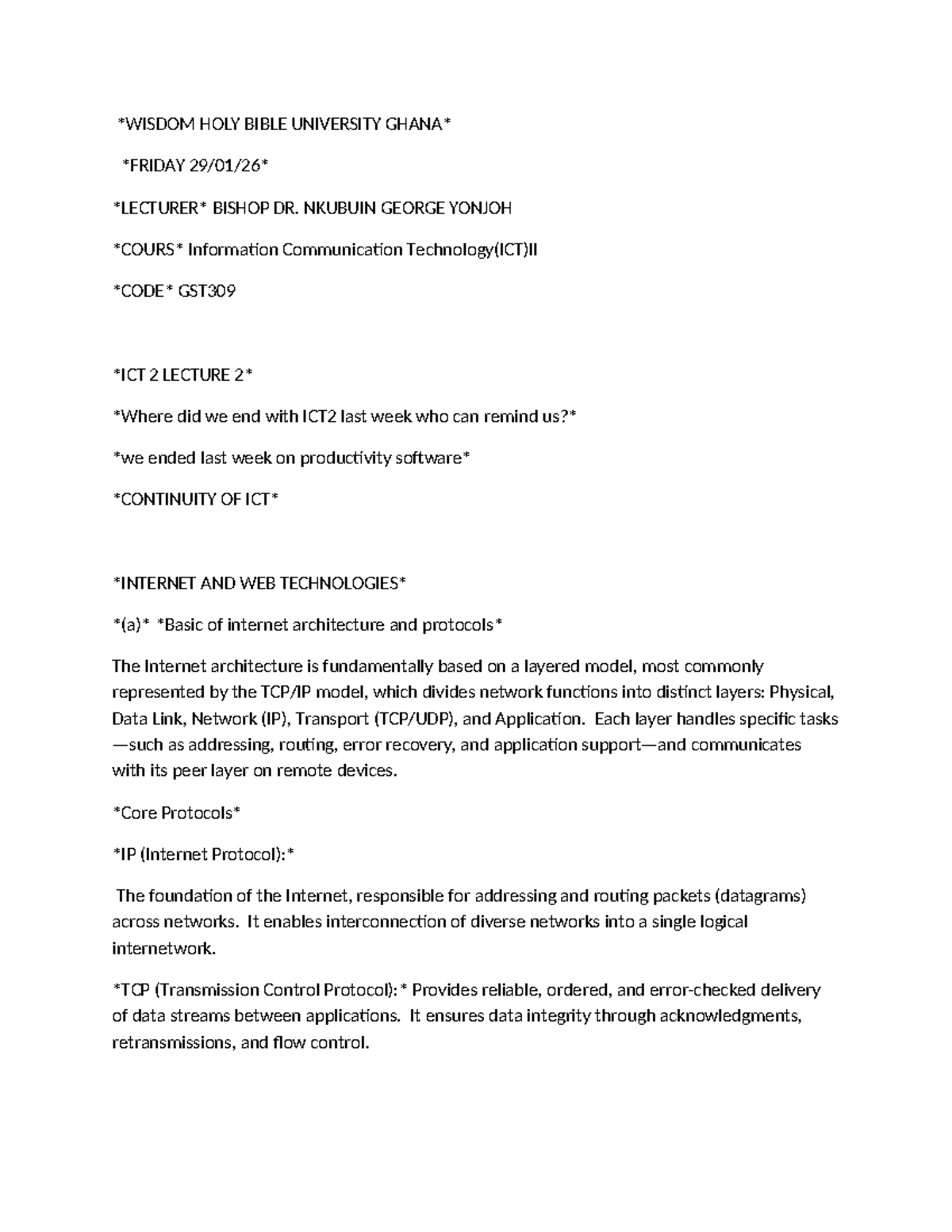 ICT II Lecture Notes: Understanding Internet Architecture and Web ...