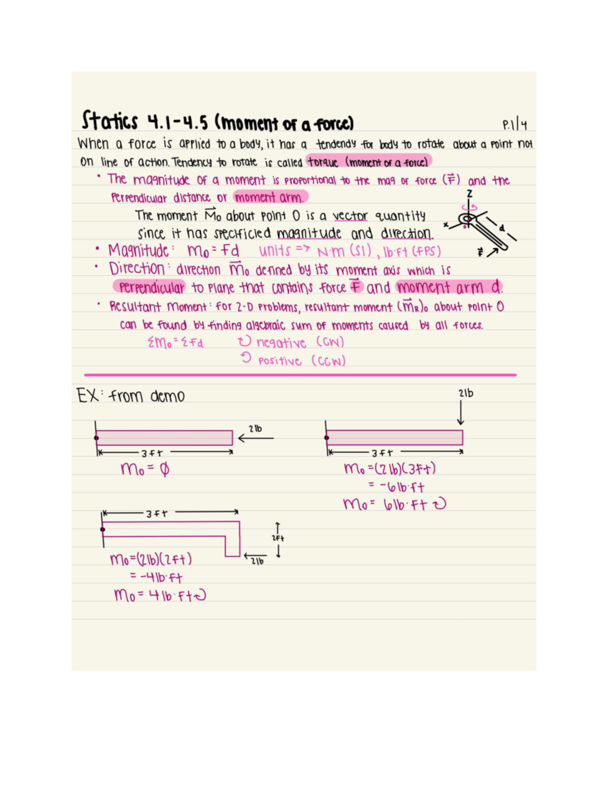 EGN3310 Ch 4 Notes - Statics (moment of a force) When a force is ...