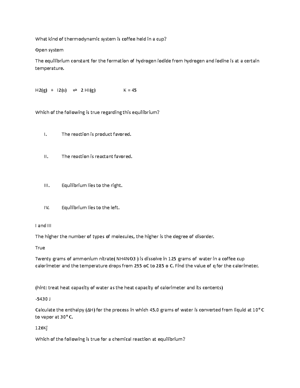 CHEM 101 Midterm Exam Study Notes on Thermodynamics and Equilibrium ...