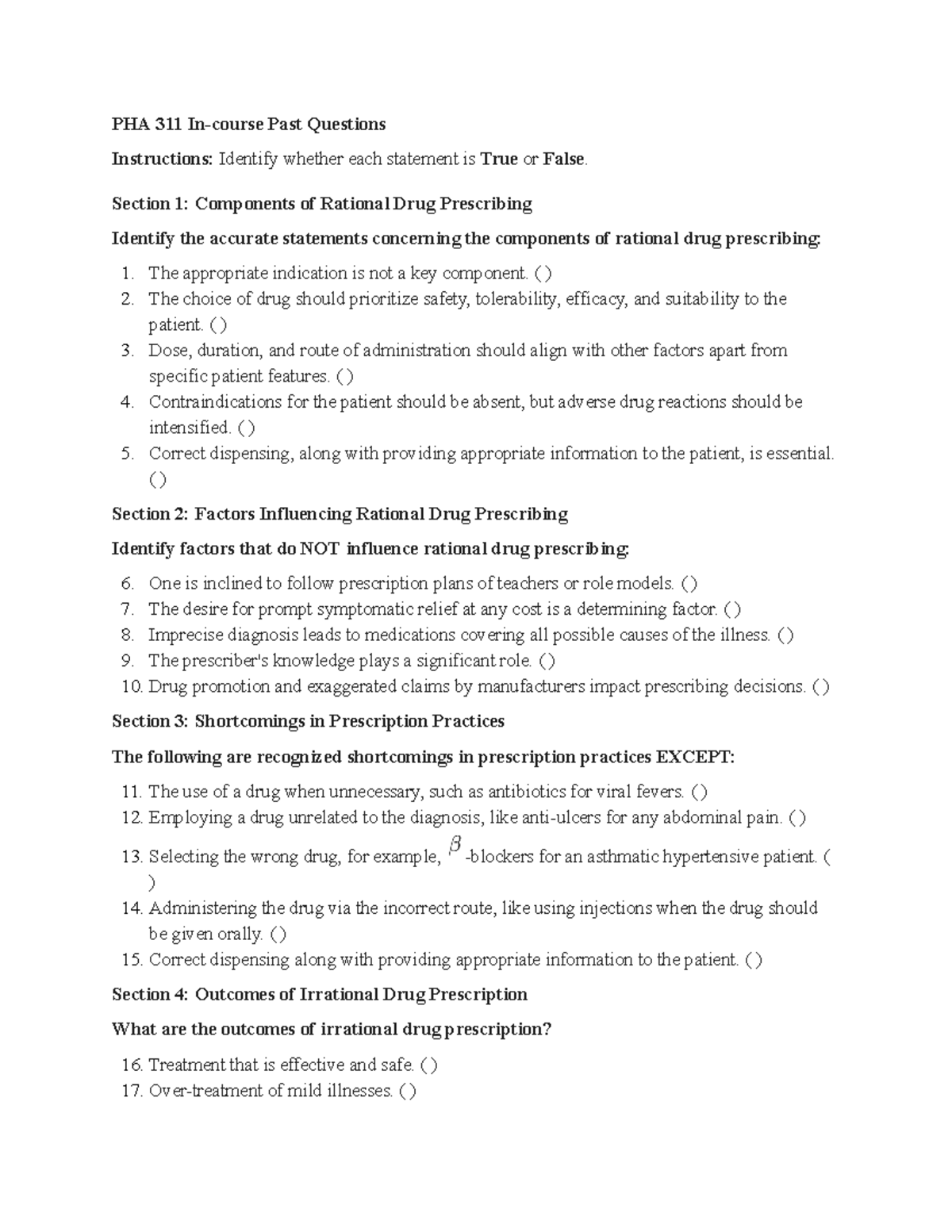 PHA 311 Pharmacology Past Questions: True/False Assessment - Studocu