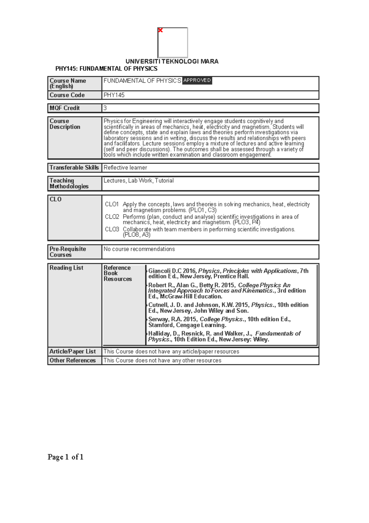 PHY145: Fundamental of Physics Course Overview and Resources - Studocu