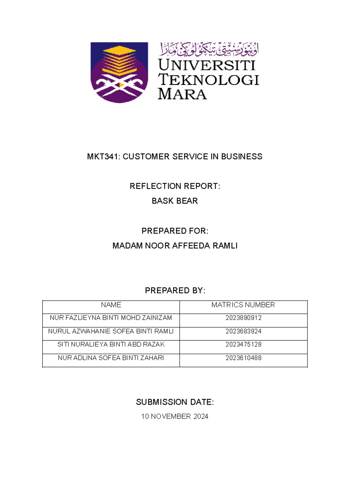 MKT341 - Final Reflection Report on Bask Bear's Customer Service - Studocu