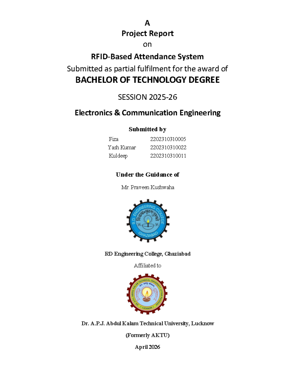RFID Attendance System Project Report for B.Tech in ECE - Studocu