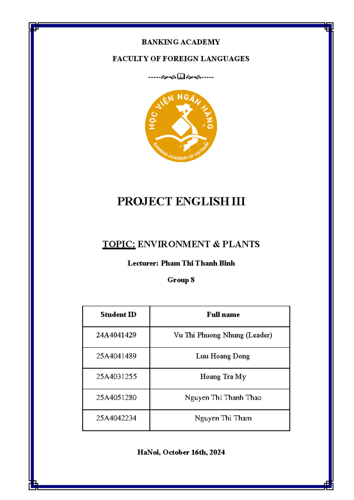 [ Group 8] - Project English III final - BANKING ACADEMY FACULTY OF ...
