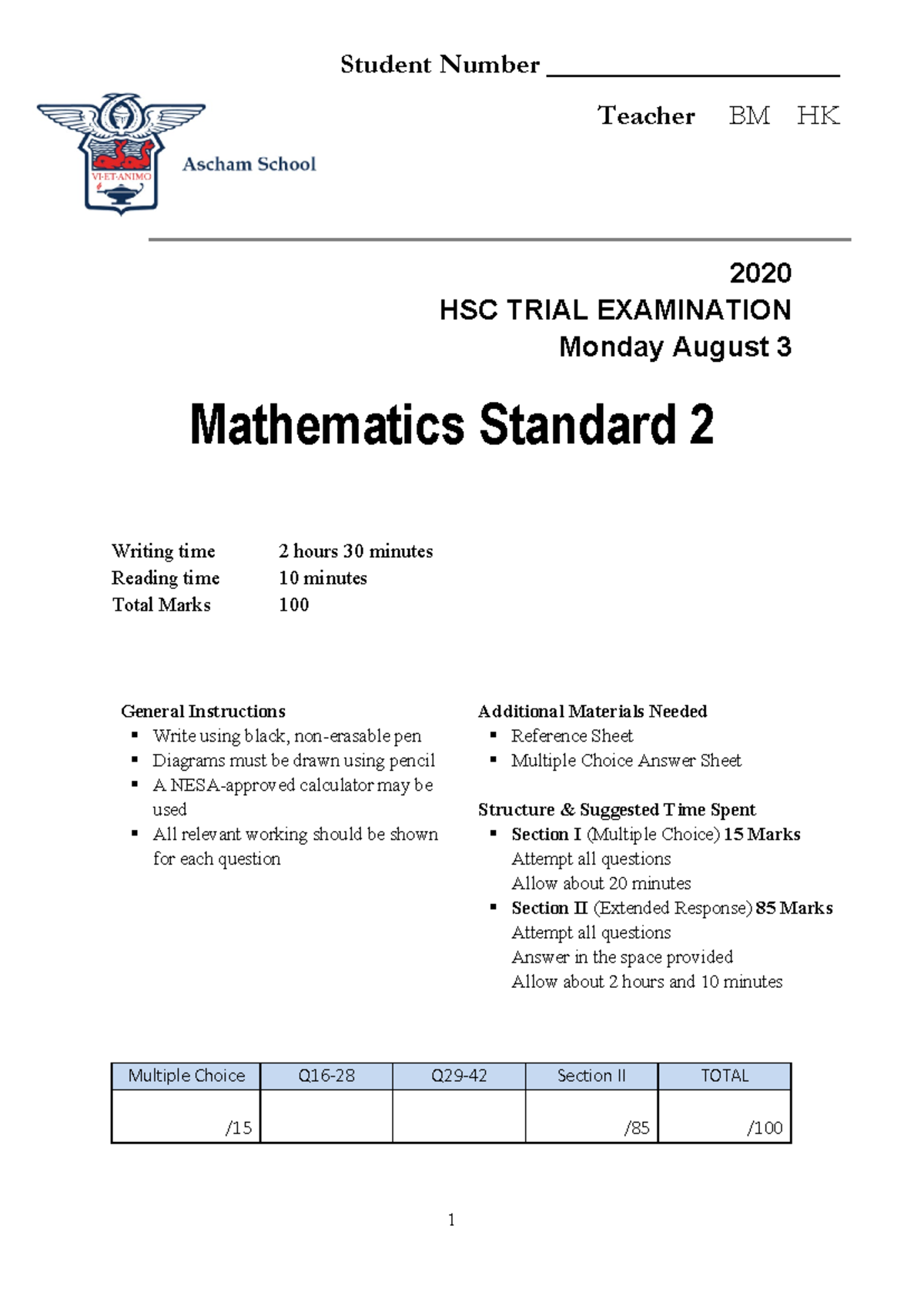 2020 HSC Trial Mathematics Standard 2 Exam Paper - Studocu