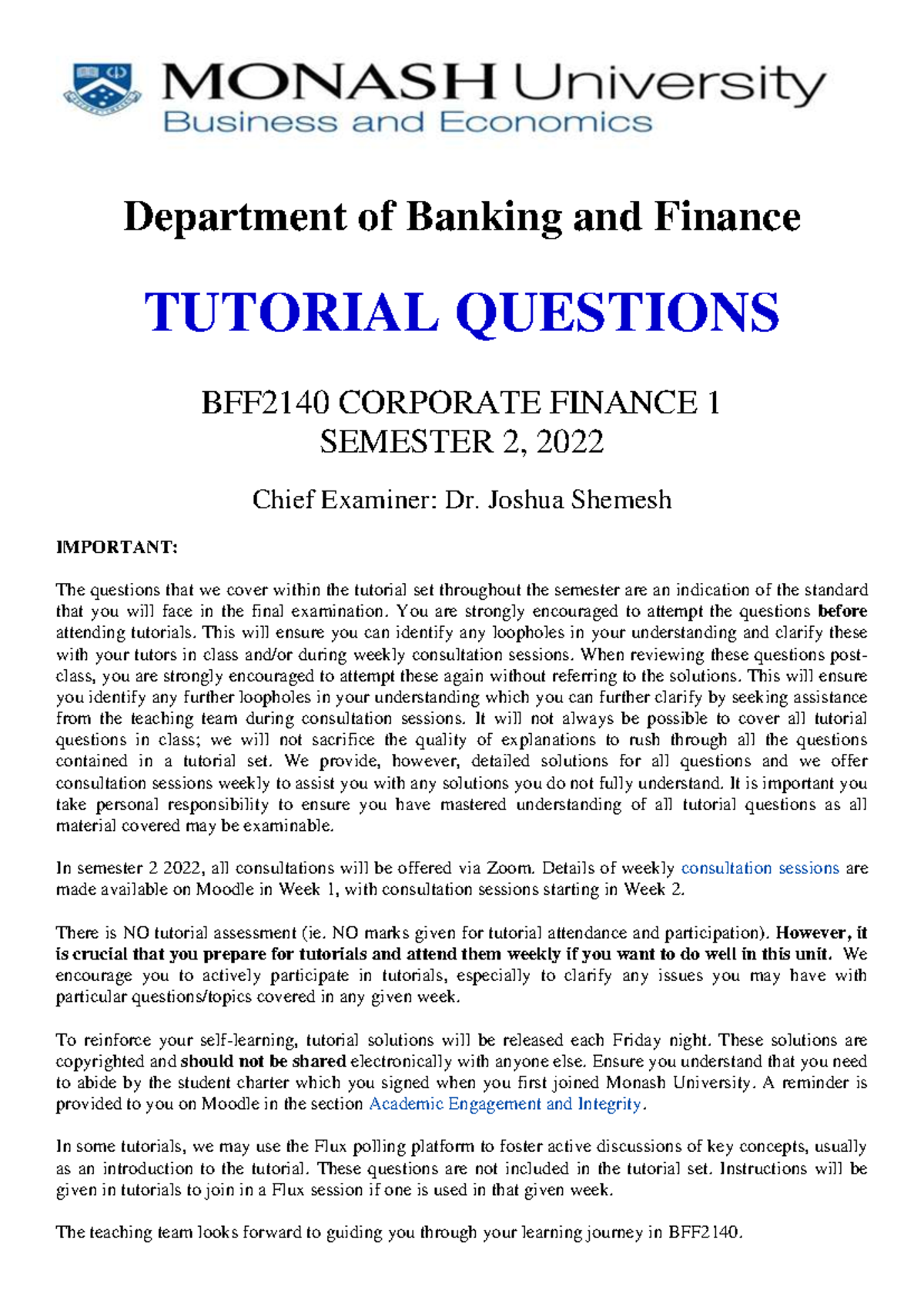 BFF2140 Tutorial Questions SET - Department of Banking and Finance ...