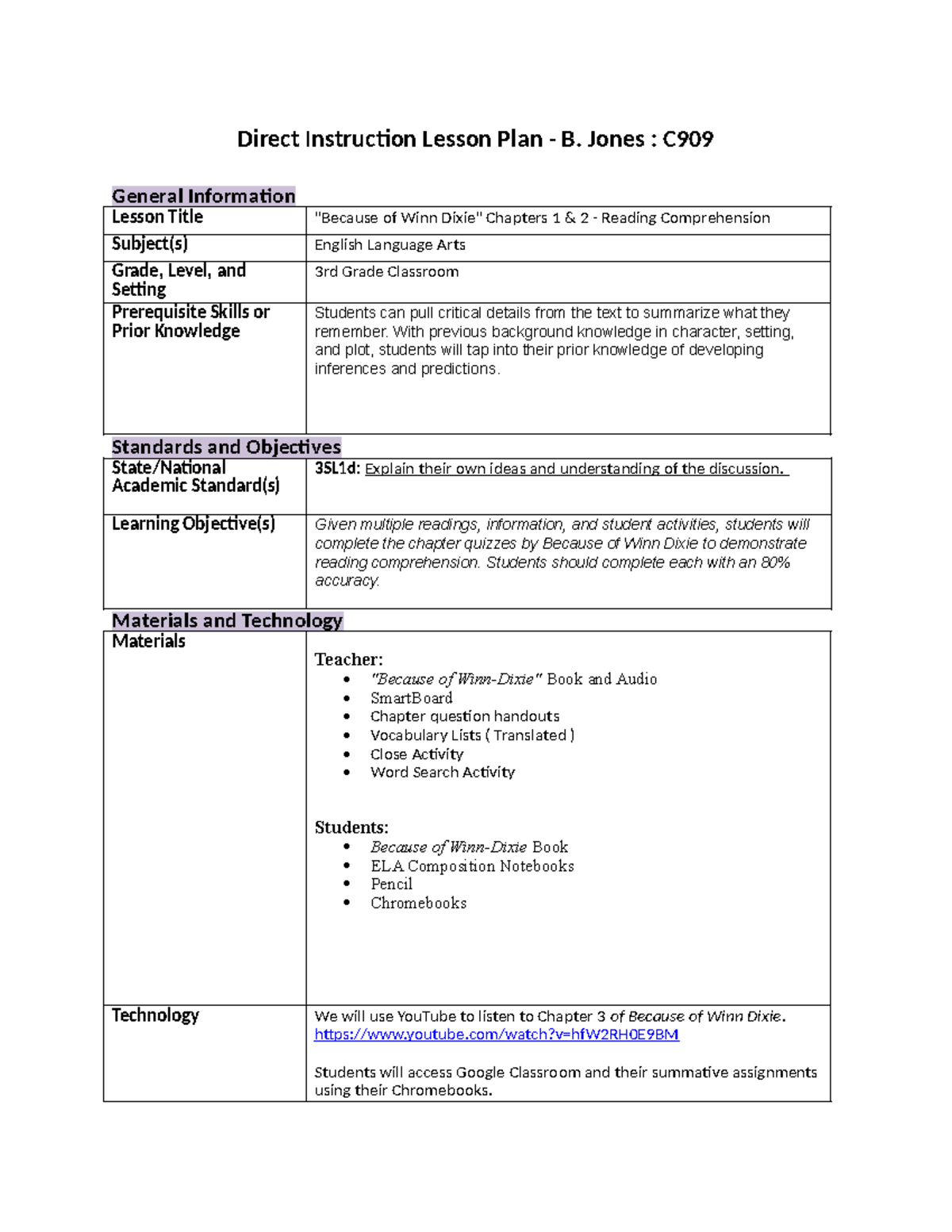 Task1 - C909 - Task 1 : no revisions - Direct Instruction Lesson Plan ...