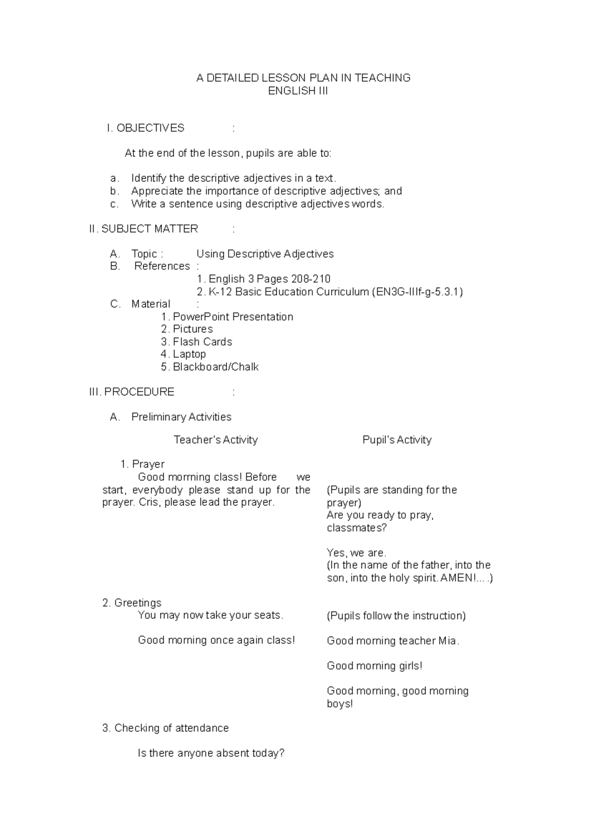 Detailed Lesson Plan: Teaching Descriptive Adjectives (English III ...