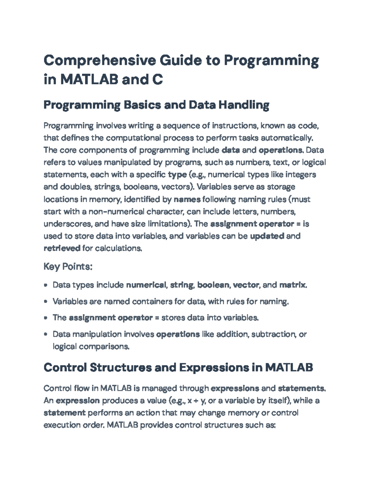 Comprehensive Guide to Programming Basics in MATLAB and C (CS101) - Studocu