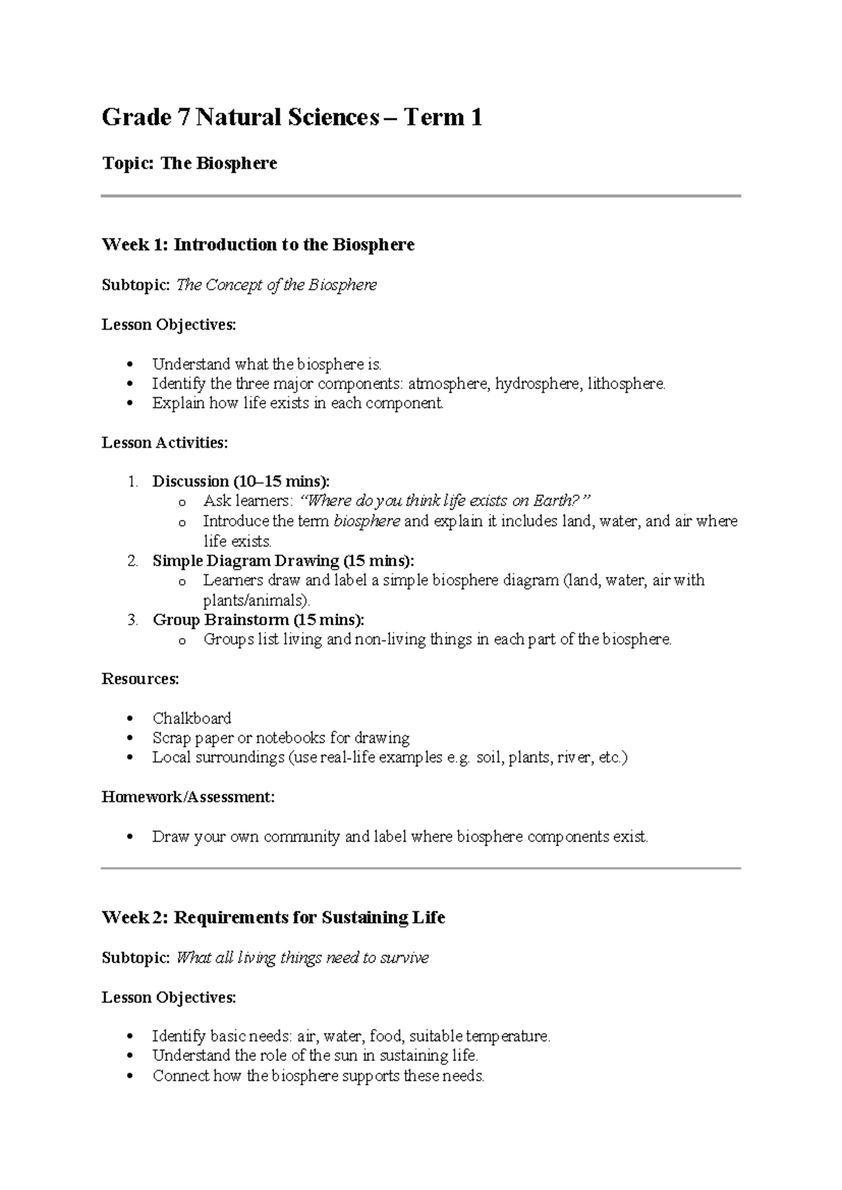Grade 7 NS Term 1 Lesson Plan: Introduction to the Biosphere - Studocu