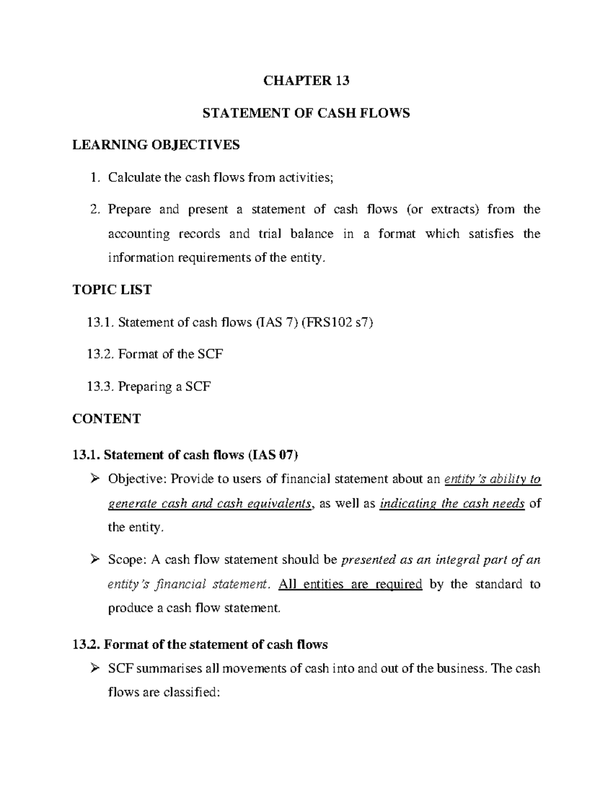 CFAB - ACC - LN - Chapter 13: Statement of Cash Flows Overview - Studocu