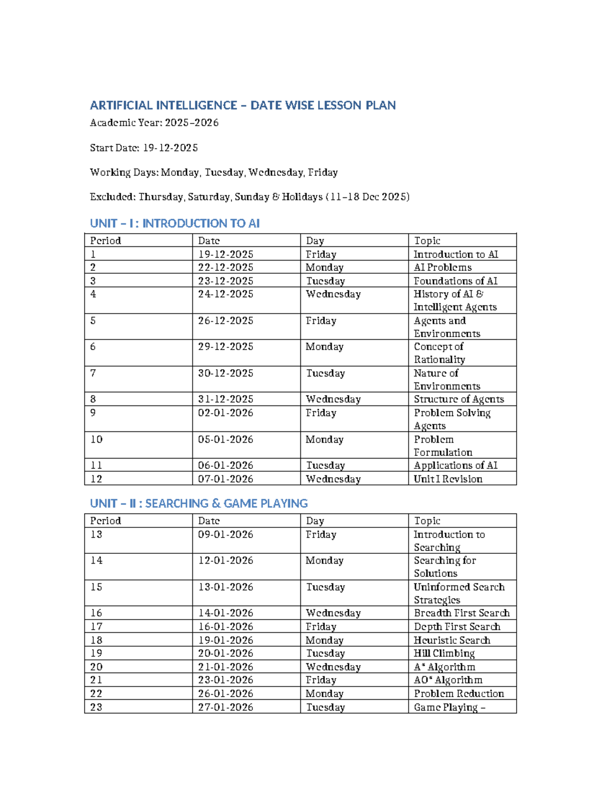 AI Lesson Plan: Date-Wise Breakdown for Academic Year 2025 - Studocu