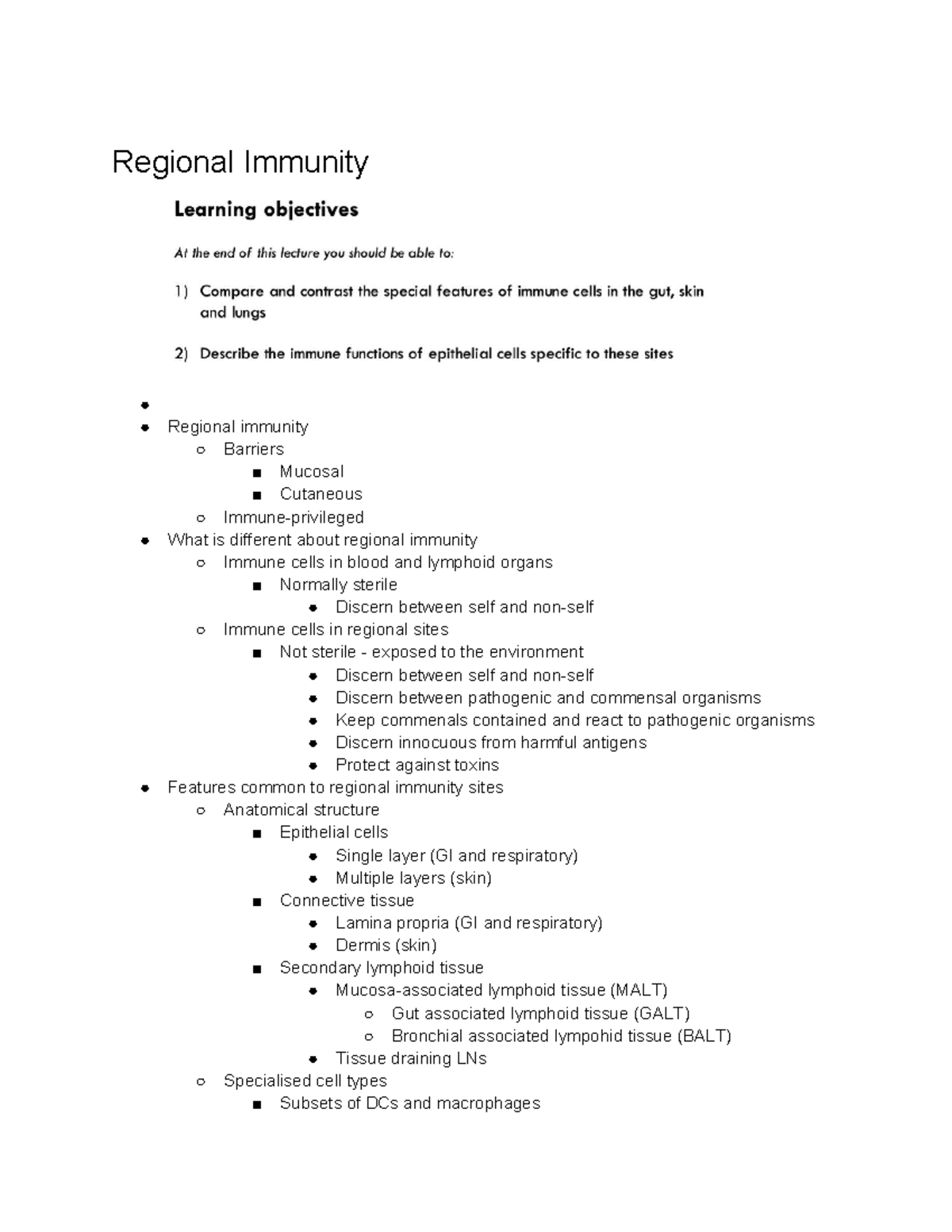 IMMU3102 Week 12 Lecture Notes: Regional Immunity Insights - Studocu