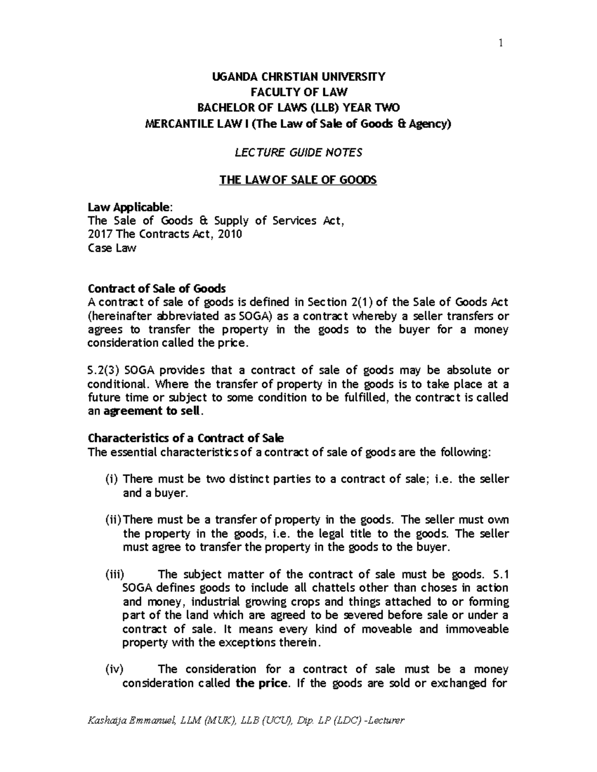 Sale of Goods Law Lecture Guide Notes (LLB Year 2) - Studocu