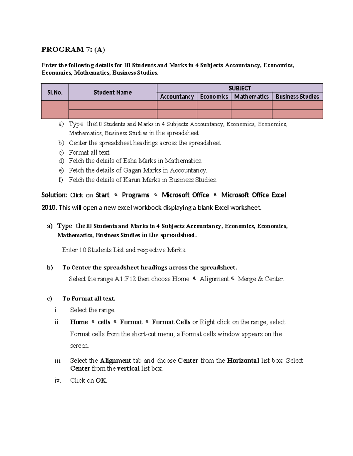 Advanced Excel Manual Part-3 - PROGRAM 7 : (A) Enter the following ...