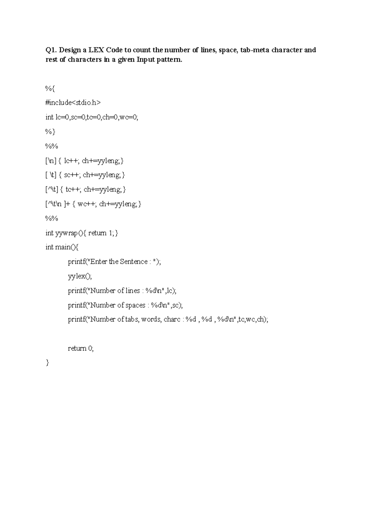 Compiler Practical File: LEX Code Examples for Counting & Tokenizing ...
