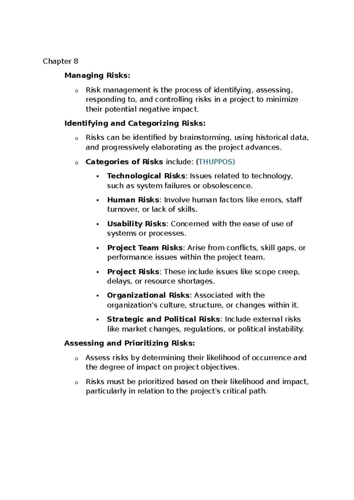 Chapter 8 notes - Chapter 8 Managing Risks: o Risk management is the ...