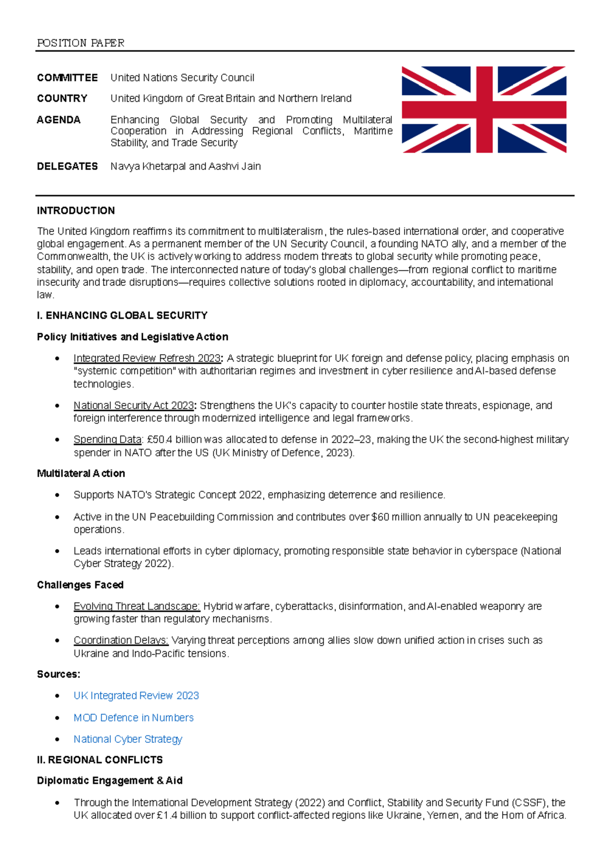 Position Paper: UK on Global Security & Multilateral Cooperation - Studocu