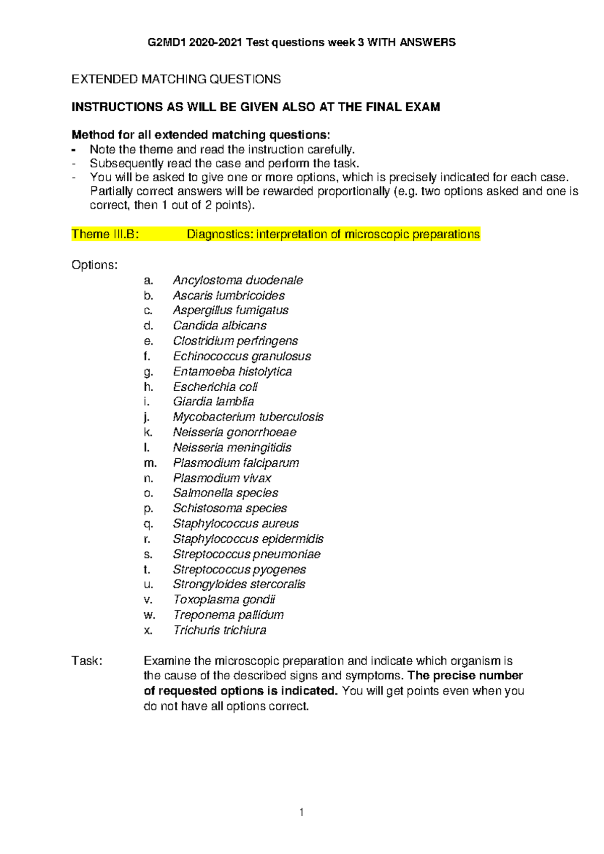 MOD1 Extended Matching Questions Test - Week 3 2020/2021 - Studeersnel