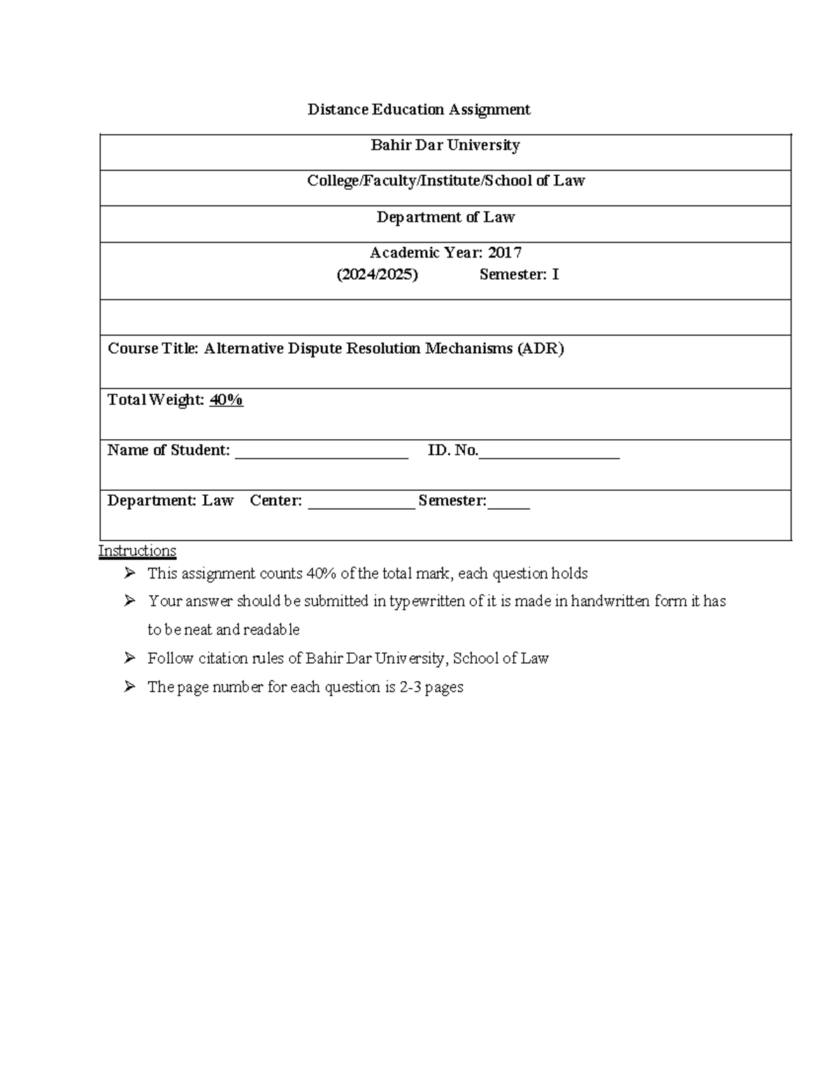 ADR Assignment: Conflict Resolution Methods - Bahir Dar University ...