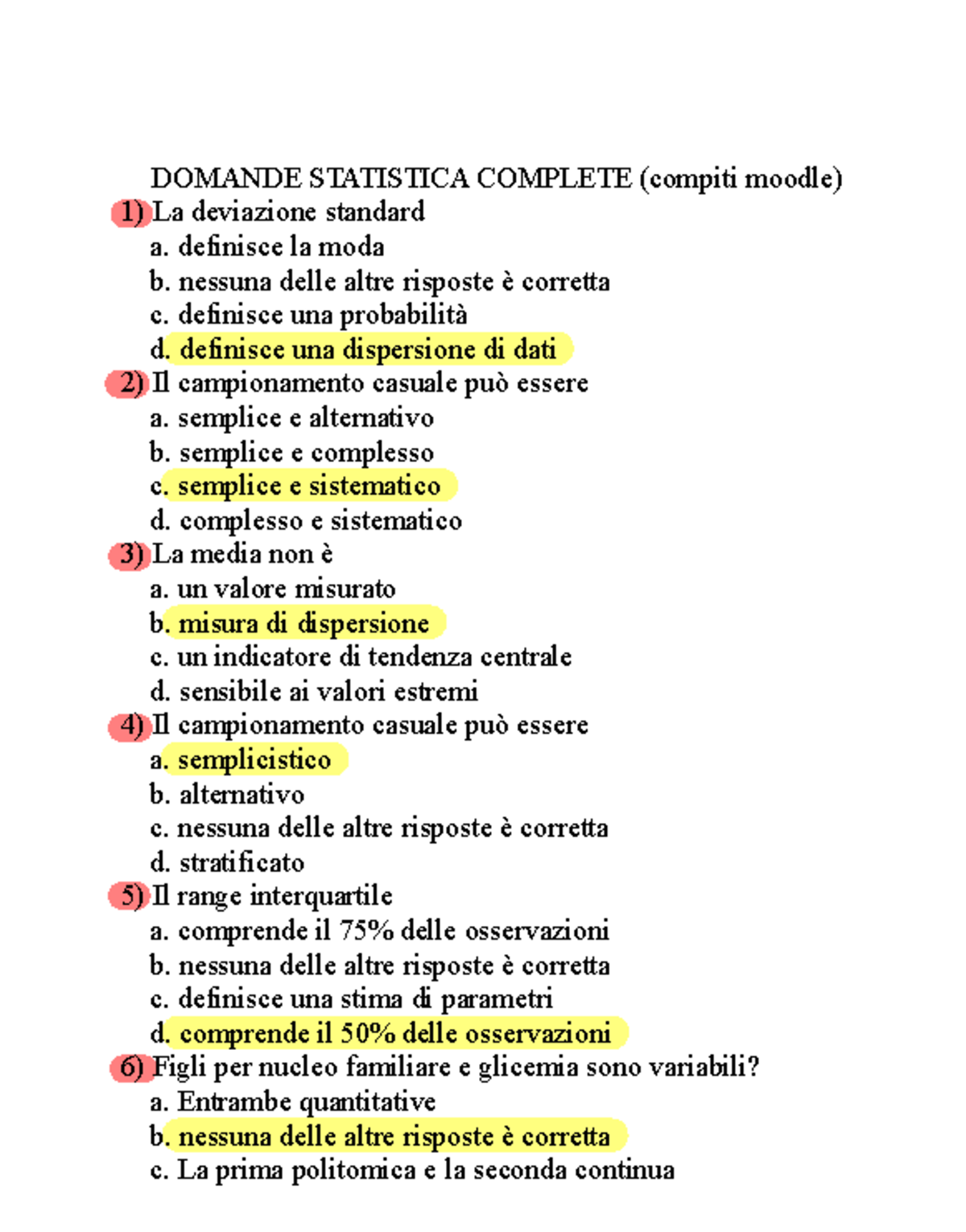 Esame Statistica - Domande Complete e Risposte (Compiti Moodle) - Studocu