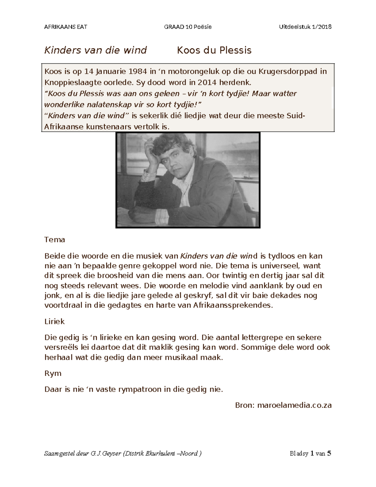 AFRIKAANS EAT GRAAD 10 Poësie: Kinders van die Wind - Koos du Plessis ...