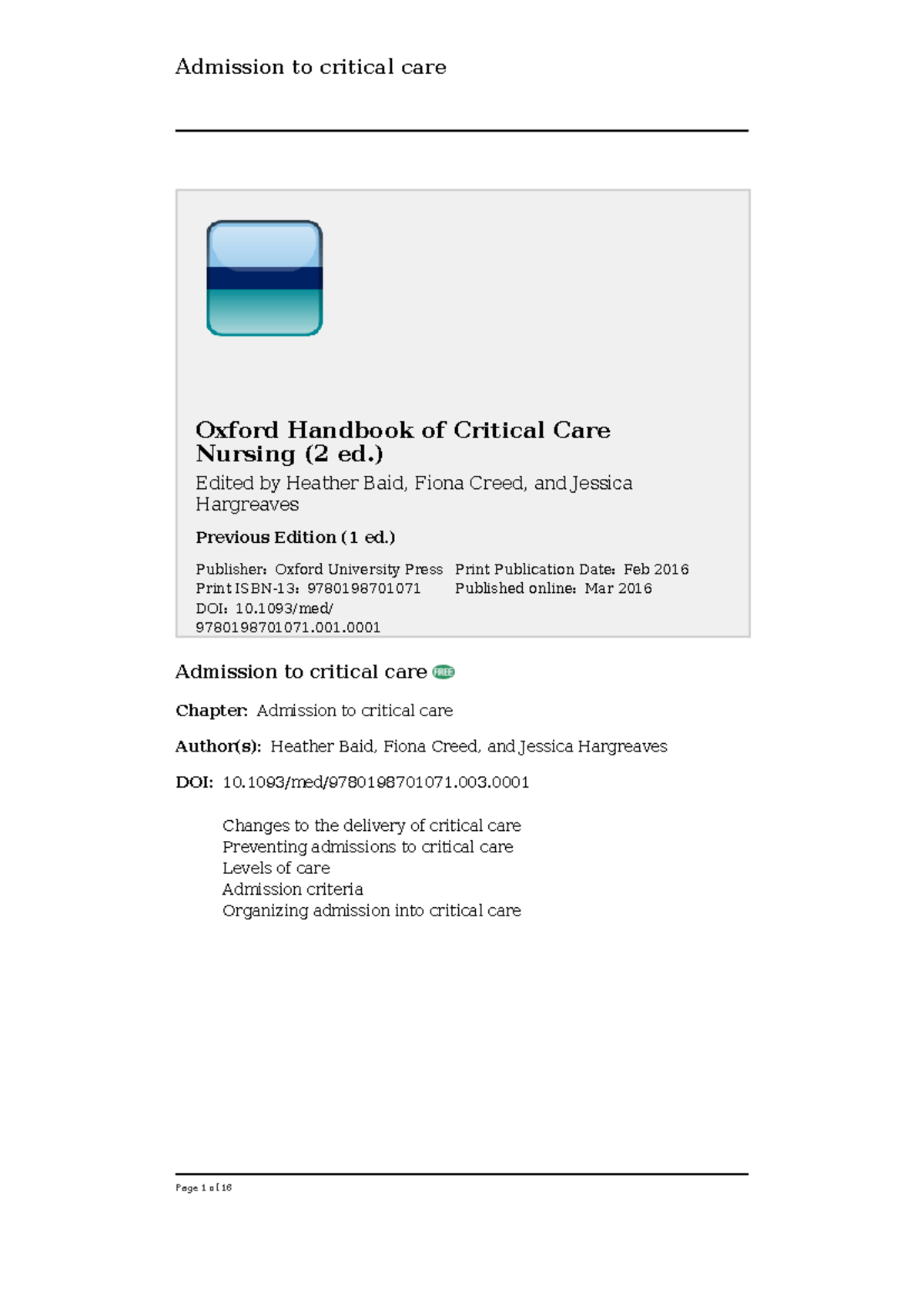 Admission to Critical Care Essential Guidelines and Levels (NUR 101