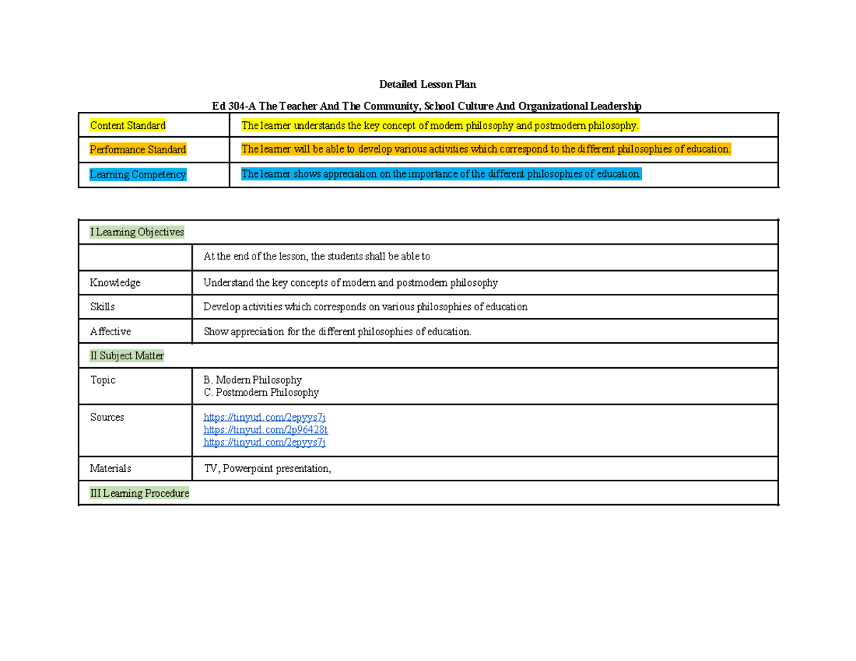 Detailed Lesson Plan on Modern and Postmodern Philosophy - Ed 304-A ...