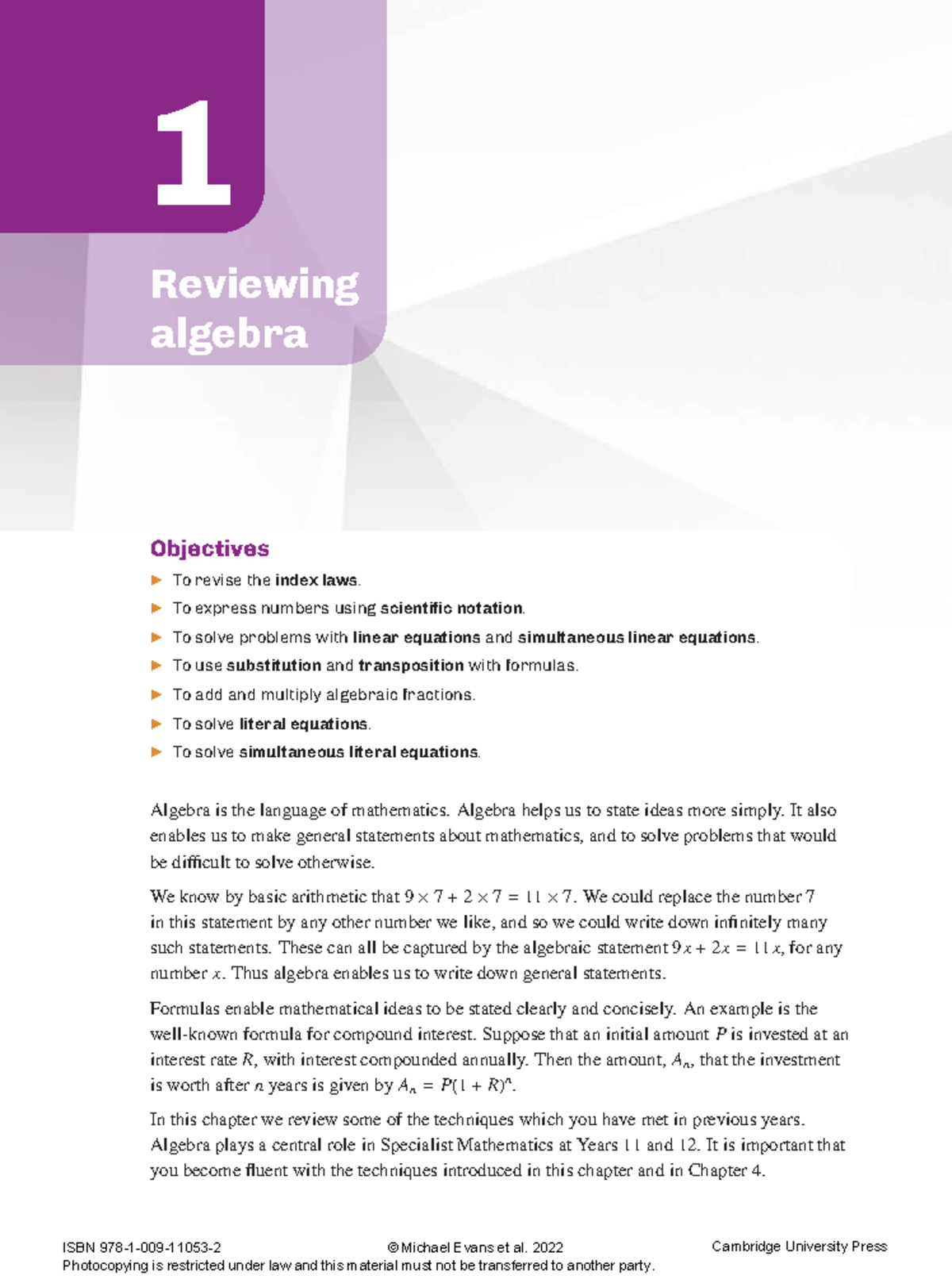 Specialist Mathematics 12: Chapter 1 - Reviewing Algebra Concepts - Studocu