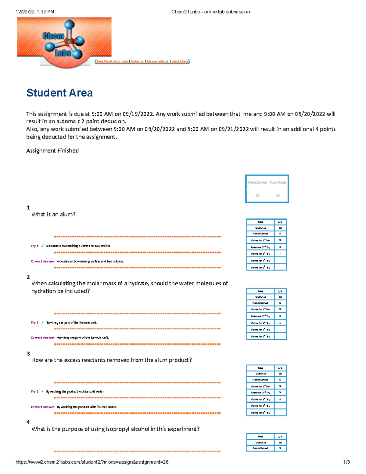 Experiment 3 Pre-Lab Quiz (MC) - 12/20/22, 1:32 PM Chem21Labs - online ...