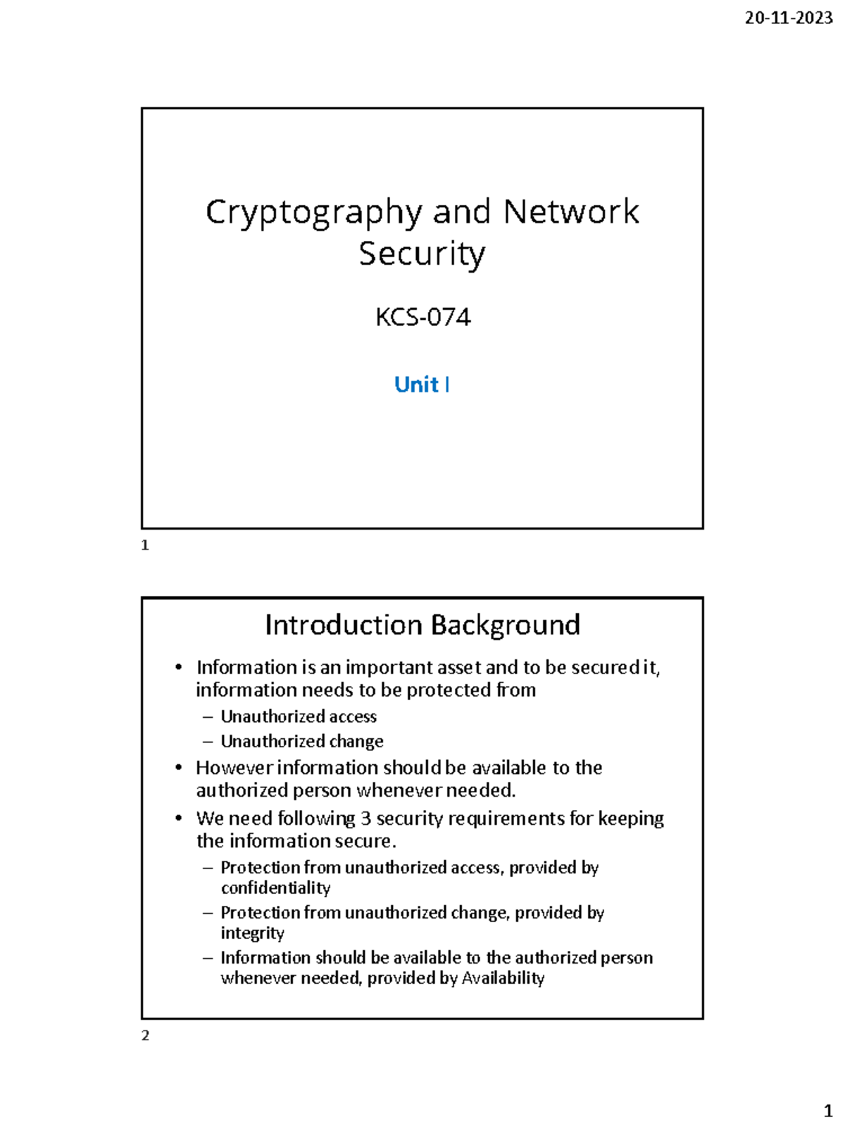 CNS KCS-074 Unit I Notes: Overview of Cryptography and Security - Studocu