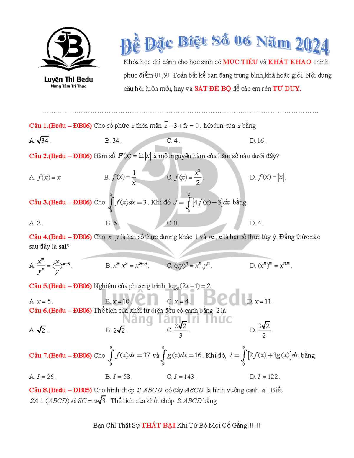 Đề Đặc Biệt 06 Bedu - Giải Toán và Các Chủ Đề Liên Quan - Studocu