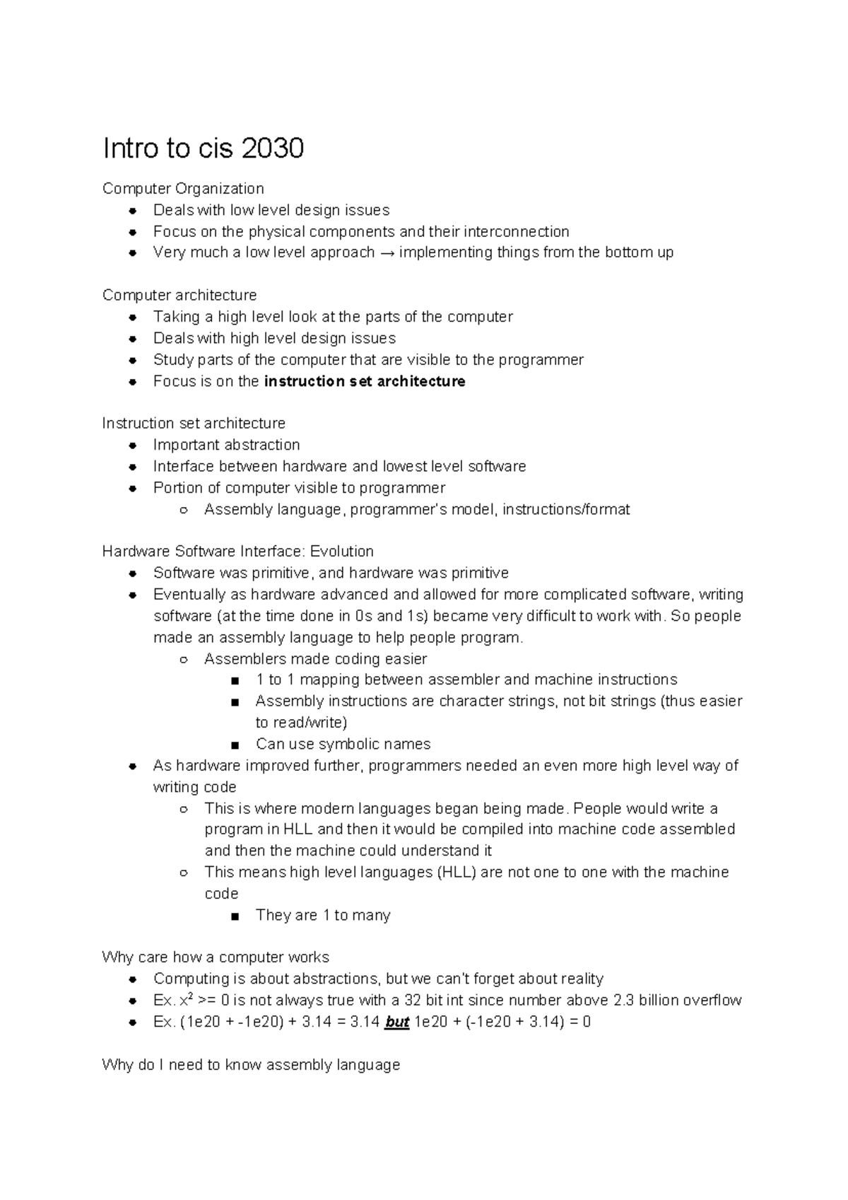 CIS 2030 Lecture Notes: Microcomputers & Computer Architecture - Studocu
