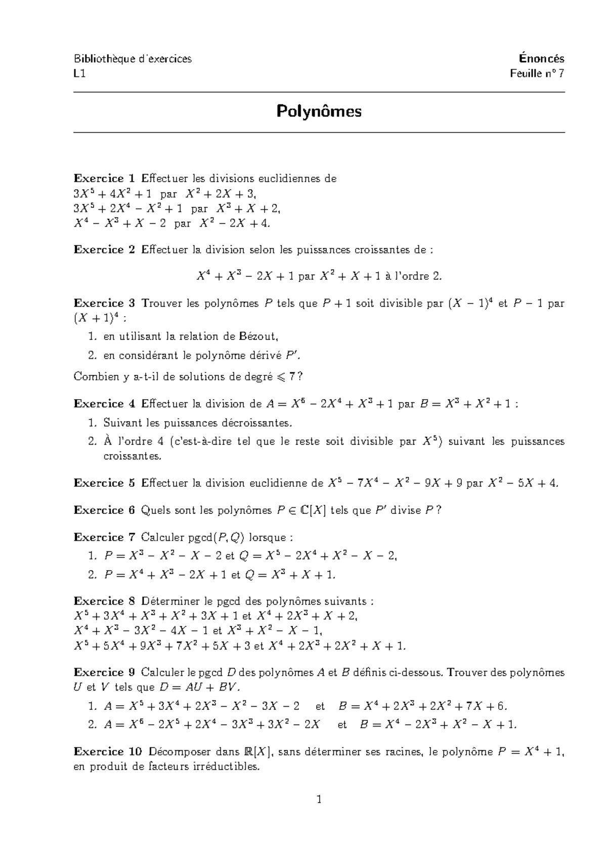 Exercices et Corrections de Polynômes - L1 - Feuille n 7 - Studocu
