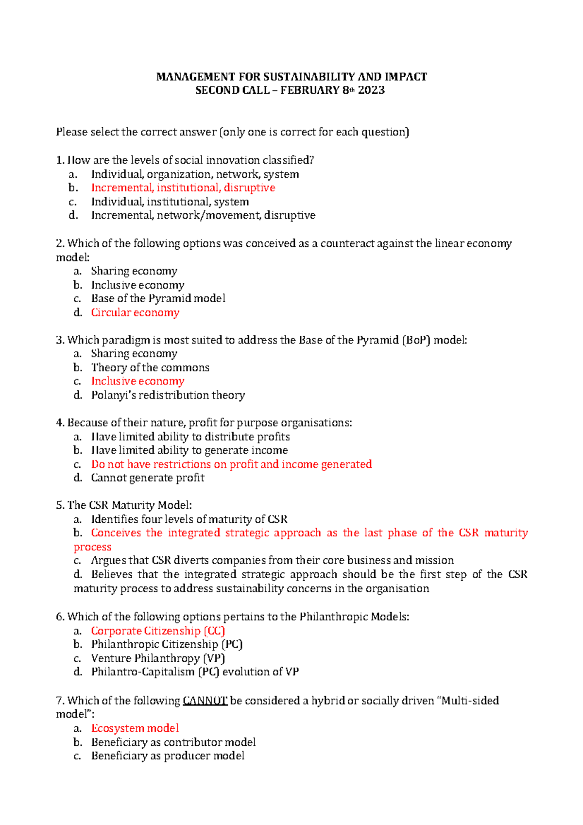 MSI 2023 Second Call Solutions for Management & Sustainability Exam ...
