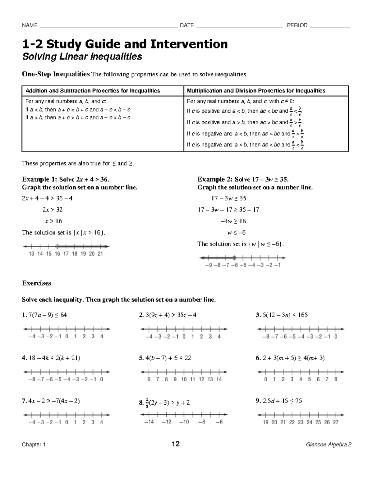 Algebra 2 Study Guide: Solving Linear Inequalities - Studocu
