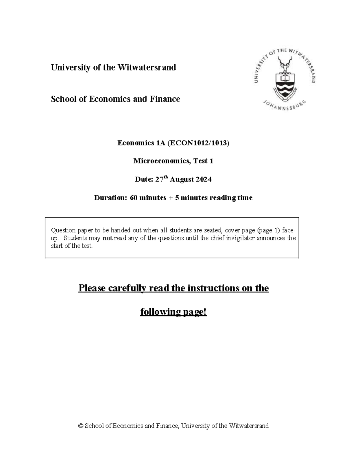Economics 1A Microeconomics Test 1 Study Guide - Sem 2 2024 - Studocu