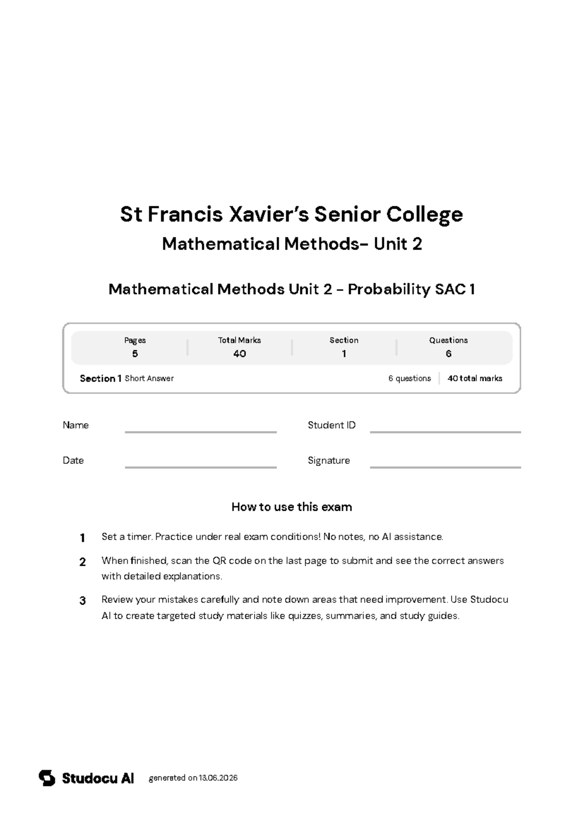 Mathematical Methods Unit 2 - Probability SAC 1 - Studocu