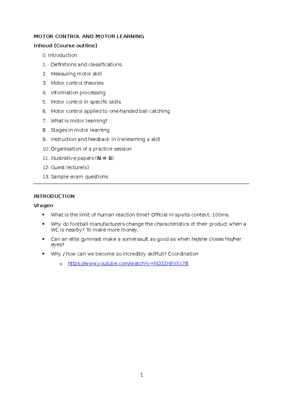 MOTOR CONTROL AND LEARNING (PE 101) - Course Summary and Key Concepts ...