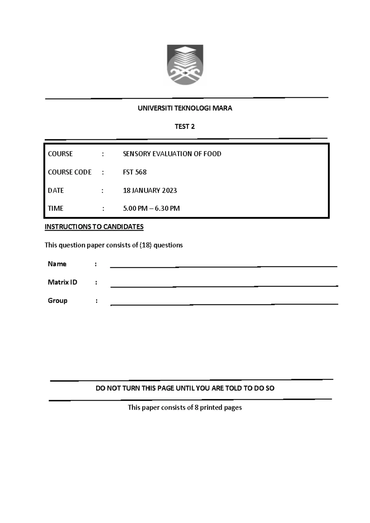 TEST 2 FST 568: Sensory Evaluation of Food - Student Copy - Studocu