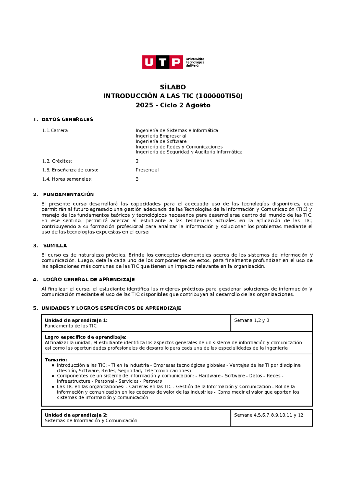 Sílabo del Curso de Introducción a las TIC - 2025 Ciclo 2 - Document Preview