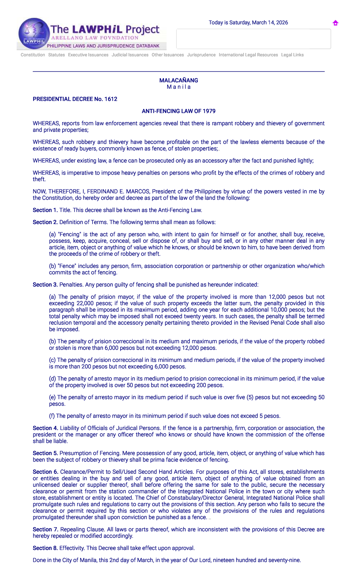 P.D. No. 1612 - Law on Fencing and Penalties (1979) - Studocu